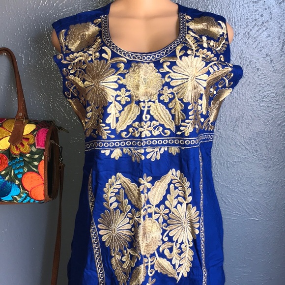Floral Embroidered Artisan Royal Blue Tunic - Picture 4 of 12